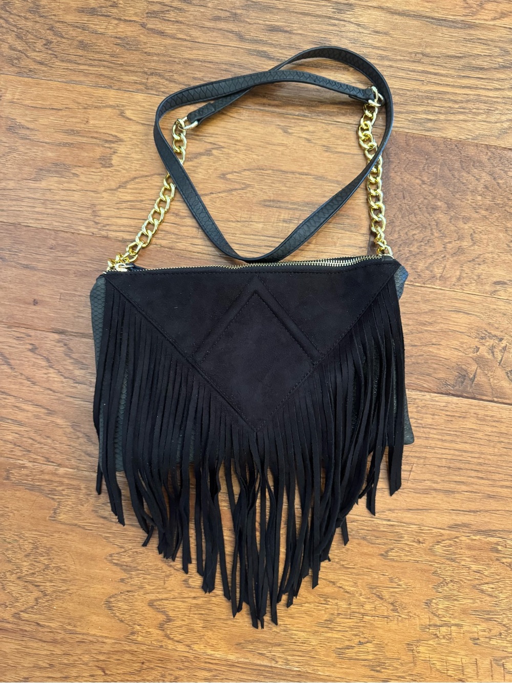 Steve Madden Python Leather Suede Fringe Crossbody Purse Gold Chain Medium